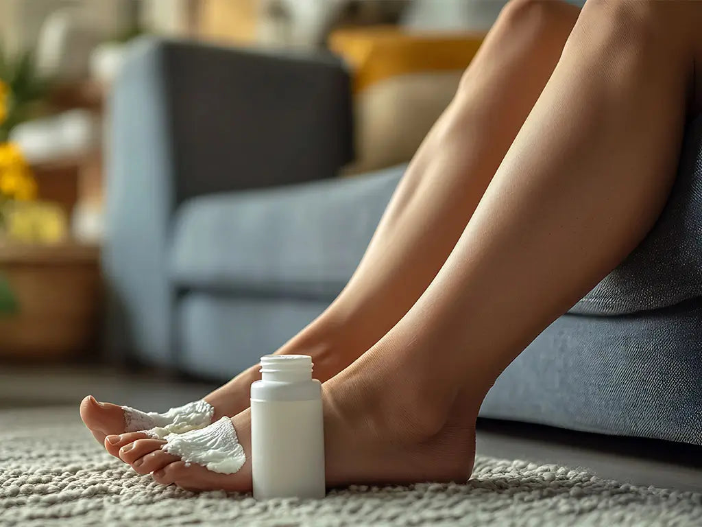 Applying foot care product as part of a foot fungus prevention routine