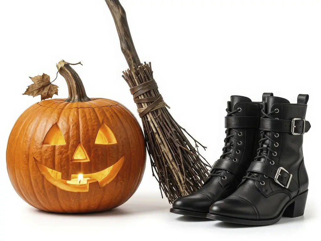 Halloween pumpkin, broom, and black costume boots representing tight footwear and foot-care concerns