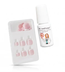 A bottle of Dr. AntiFormal nail polish with pink nail tips displayed in a clear plastic tray, set against a plain white background.