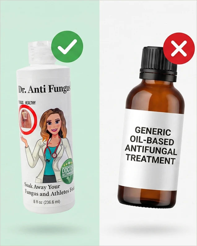 A split comparison graphic showing two bottles: on the left, a white bottle labeled 'Dr. Anti Fungal' with a green check mark, and on the right, an amber glass bottle labeled 'GENERIC OIL-BASED ANTIFUNGAL TREATMENT' with a red X mark.