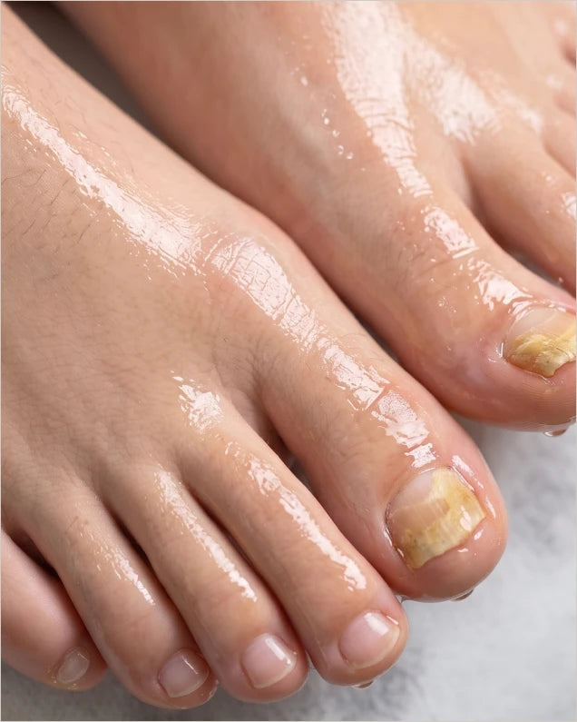 Close-up of a person's feet and toes covered in a glossy, translucent shower oil, with yellowed toenails visible on one toe.