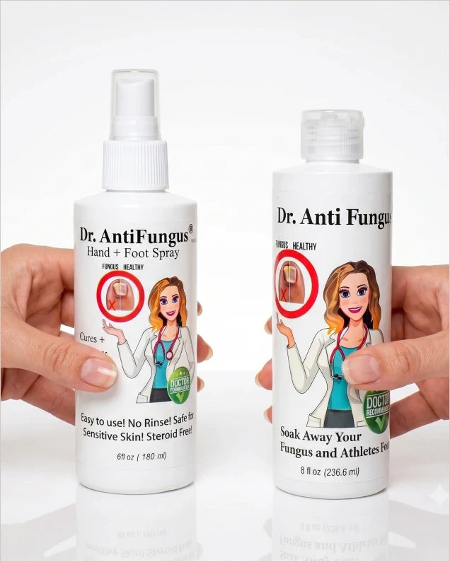 Two white bottles of Dr. AntiFungal Hand + Foot Spray are held by hands against a clean white background.