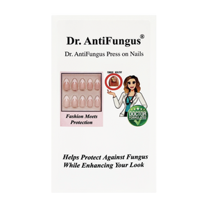 Dr. AntiFungus press-on nails packaging with promotional text on a white background