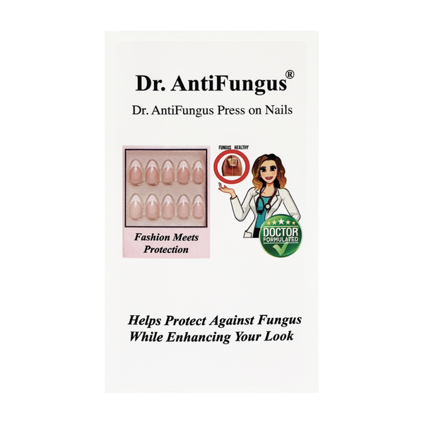Dr. AntiFungus press-on nails packaging with promotional text on a white background