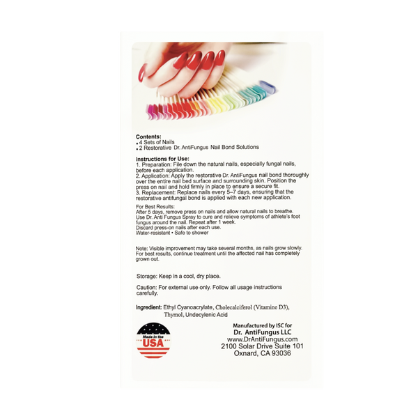 Product packaging with colorful nail bands and text on a white background