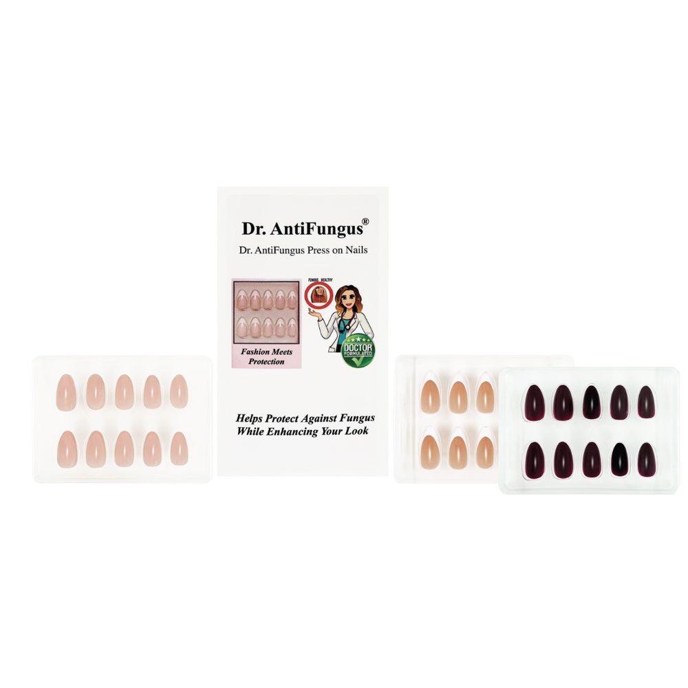 Dr. AntiFungus press-on nails packaging with nail designs on a white background