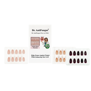 Dr. AntiFungus press-on nails packaging with nail designs on a white background