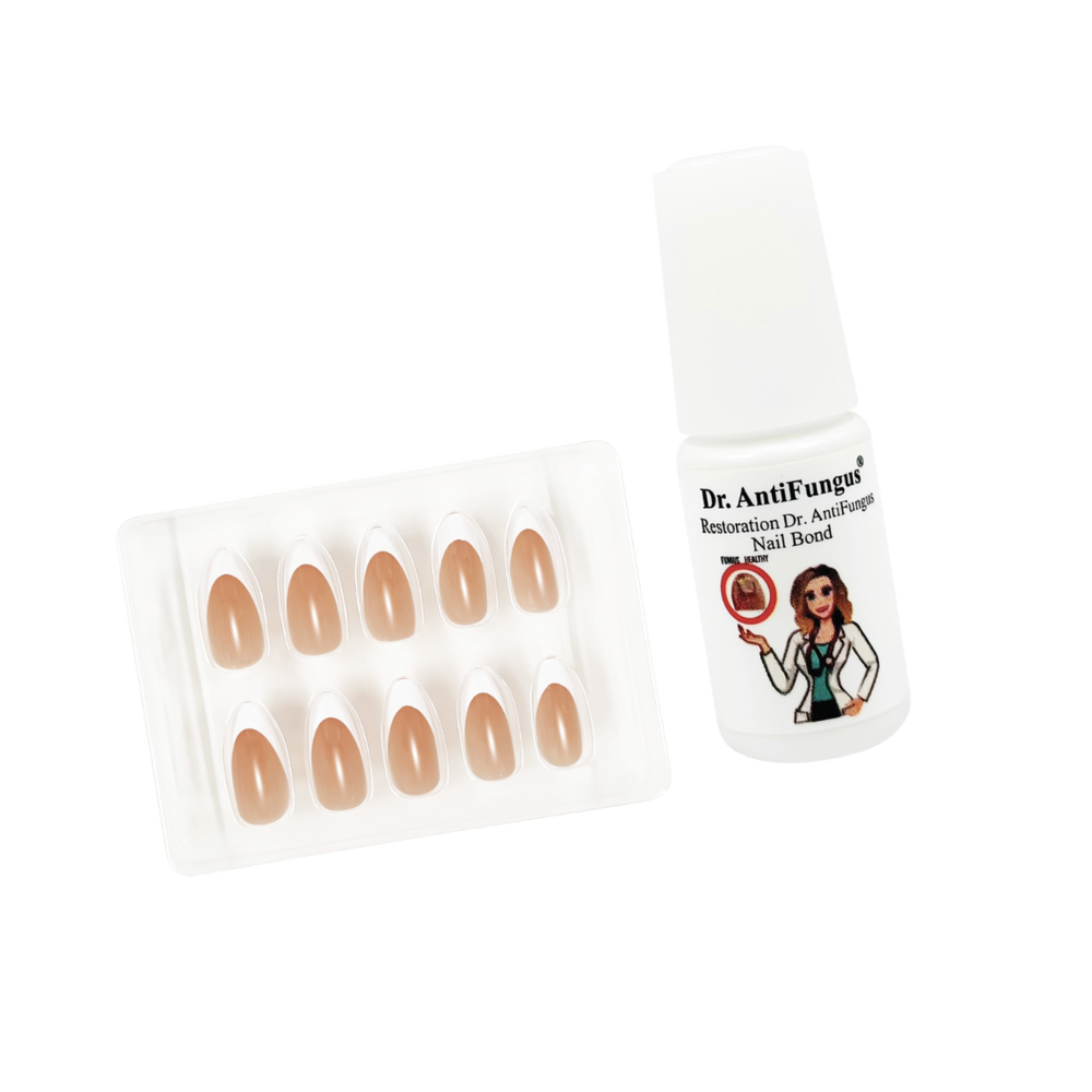 Dr. AntiFungus press-on nails packaging with nail designs on a white background