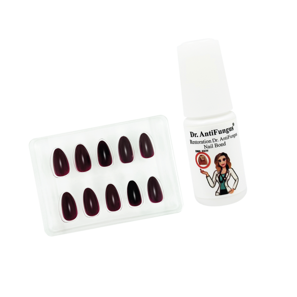Dr. AntiFungal nail restoration product with nail samples on a white background