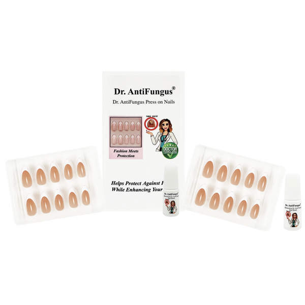Dr. AntiFungus nail product packaging with press-on nails on a white background