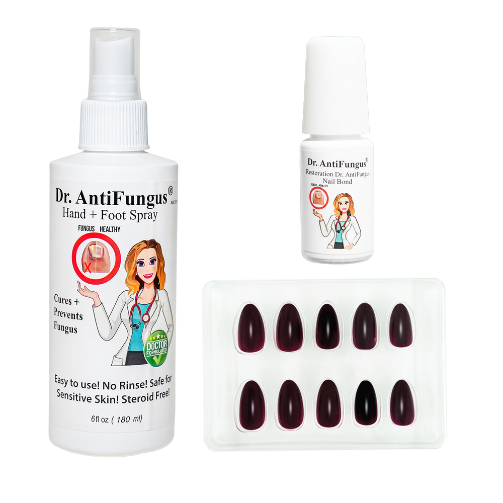 Dr. AntiFungus press-on nails packaging with nail designs on a white background