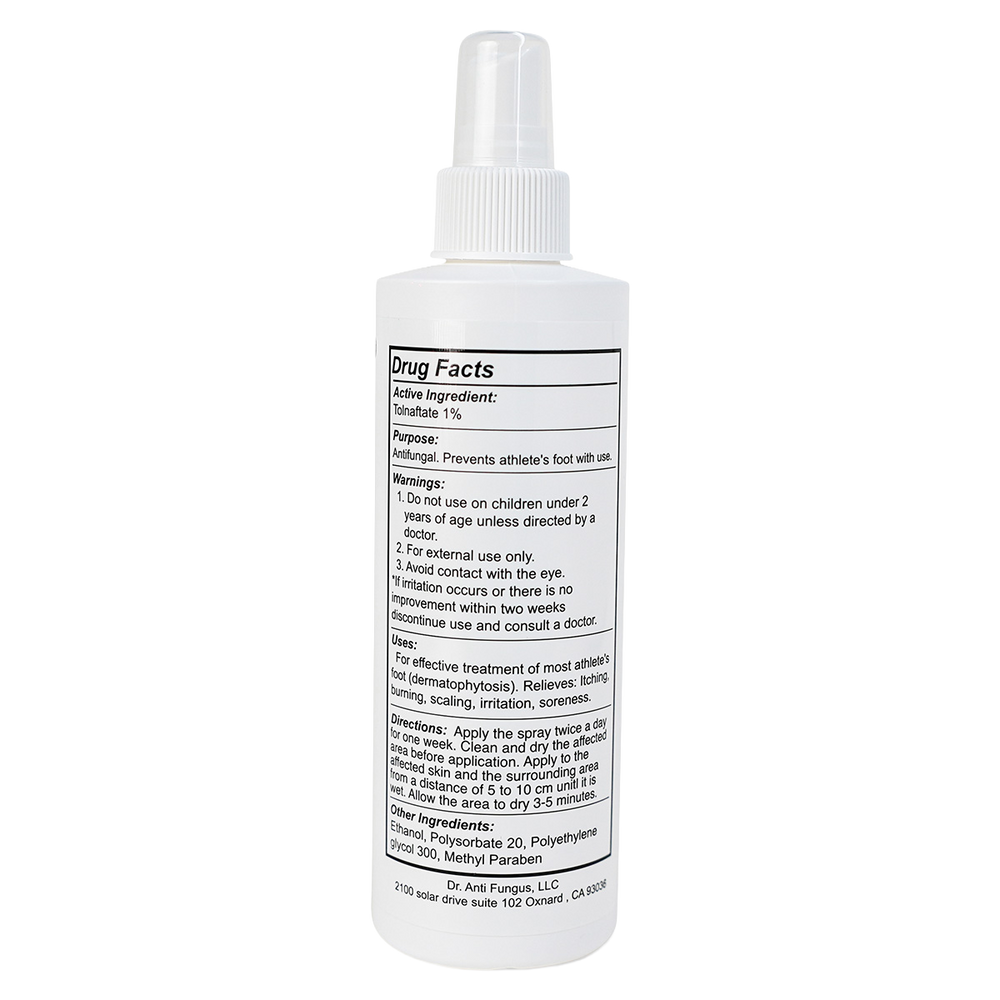 Dr. Anti Fungus spray bottle with cartoon doctor on a white background