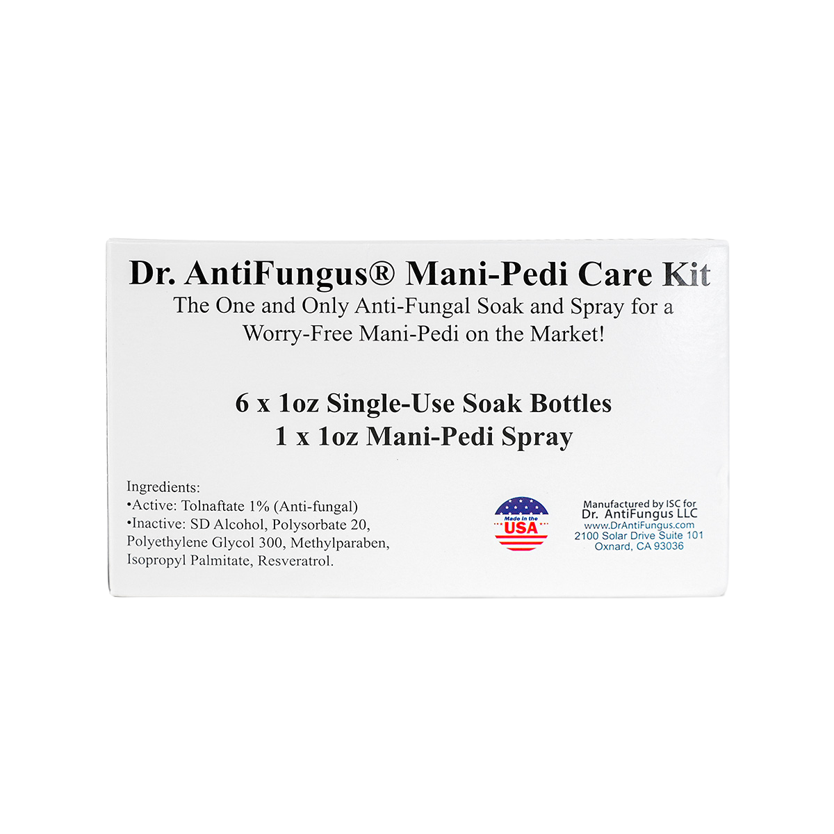 Dr. AntiFungus Mani-Pedi Care Kit packaging with text and branding on a white background