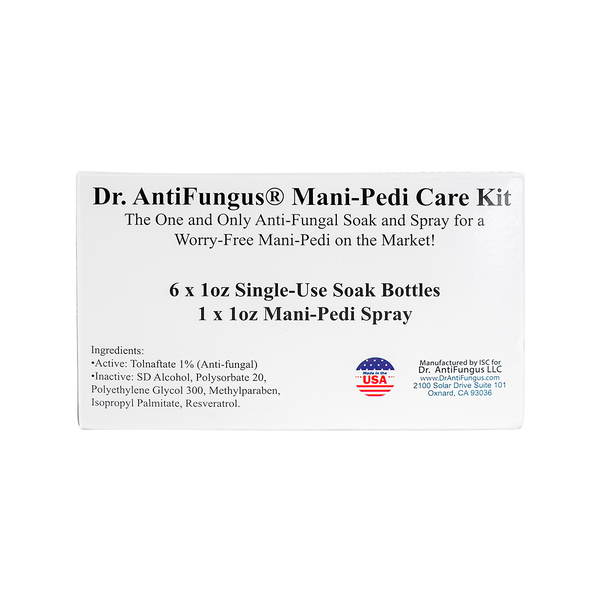 Dr. AntiFungus Mani-Pedi Care Kit packaging with text and branding on a white background