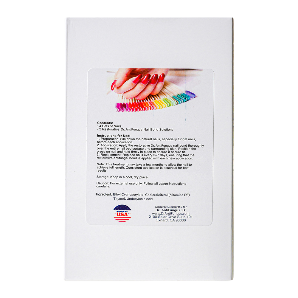 Dr. AntiFungus nail care product packaging with nail samples on a white background