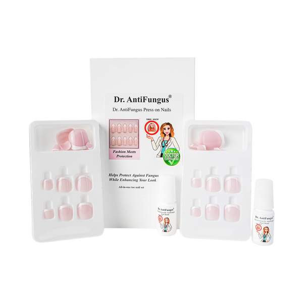 Dr. AntiFungus nail care product set with packaging on a white background
