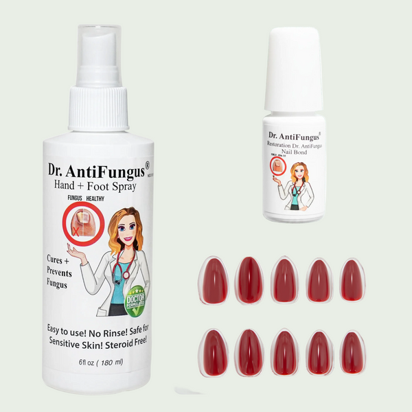 Dr. AntiFungus hand and foot spray with a box of red nail pads on a white background