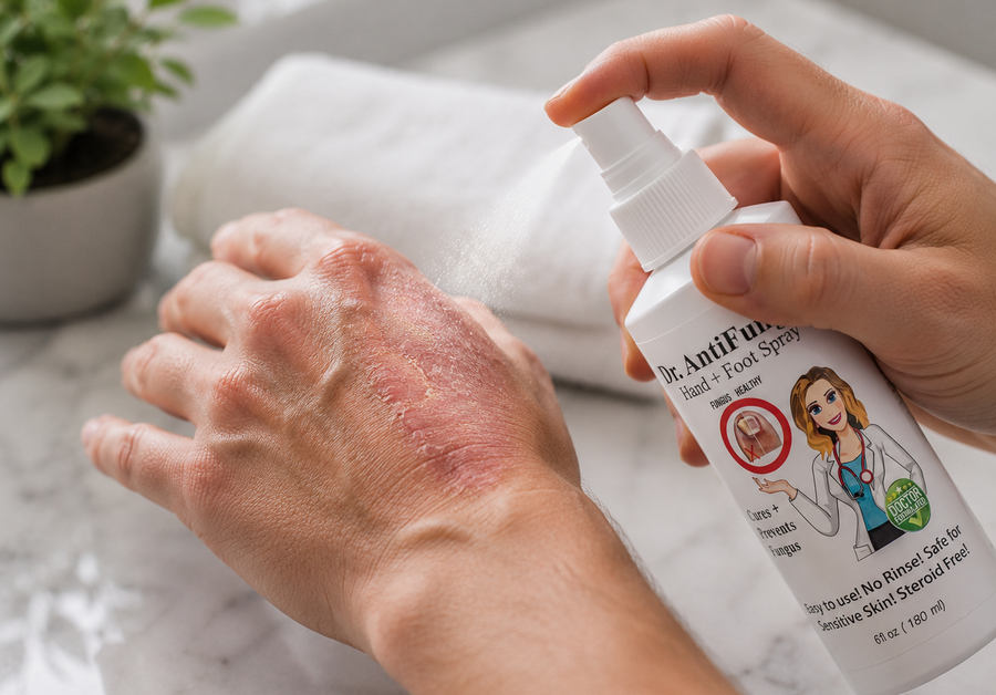 Person applying a spray to a foot with visible skin irritation, using a bottle labeled 'Mr. Anti-Fungal'.
